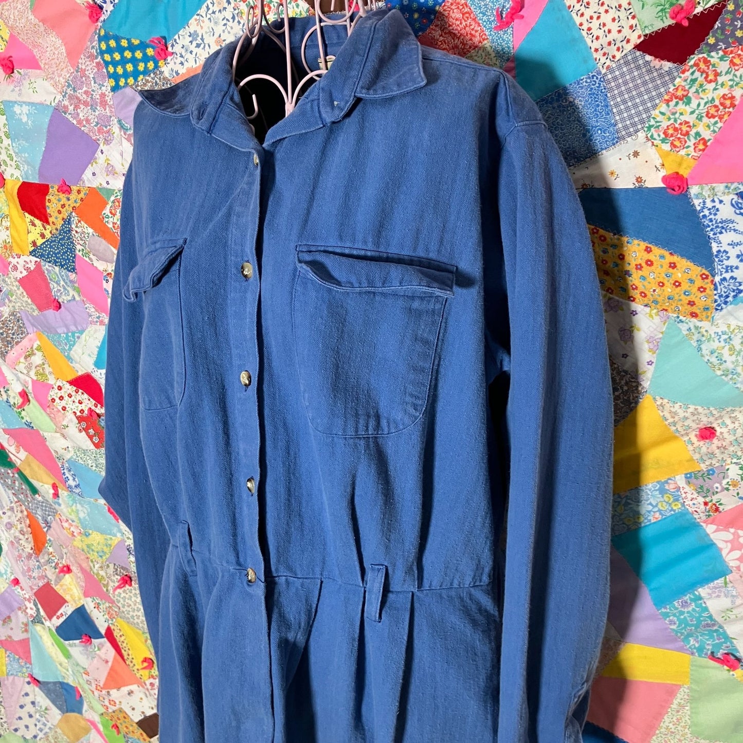 vintage 80s 90s LL Bean dress blue cotton  | L-XL | long sleeve cottage western farm homestead made in USA