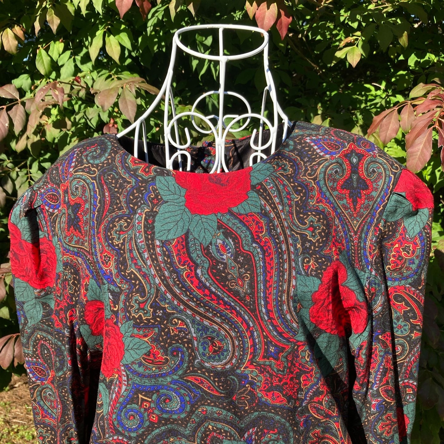 Vintage 80s dress paisley rose midi |  M | 1980s cottage dark floral western rayon John Roberts