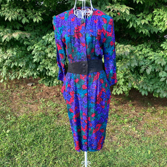 vintage dress floral  90s | XS-S | cottage core blue red purple rose print western farmcore 1990s Karin Stevens