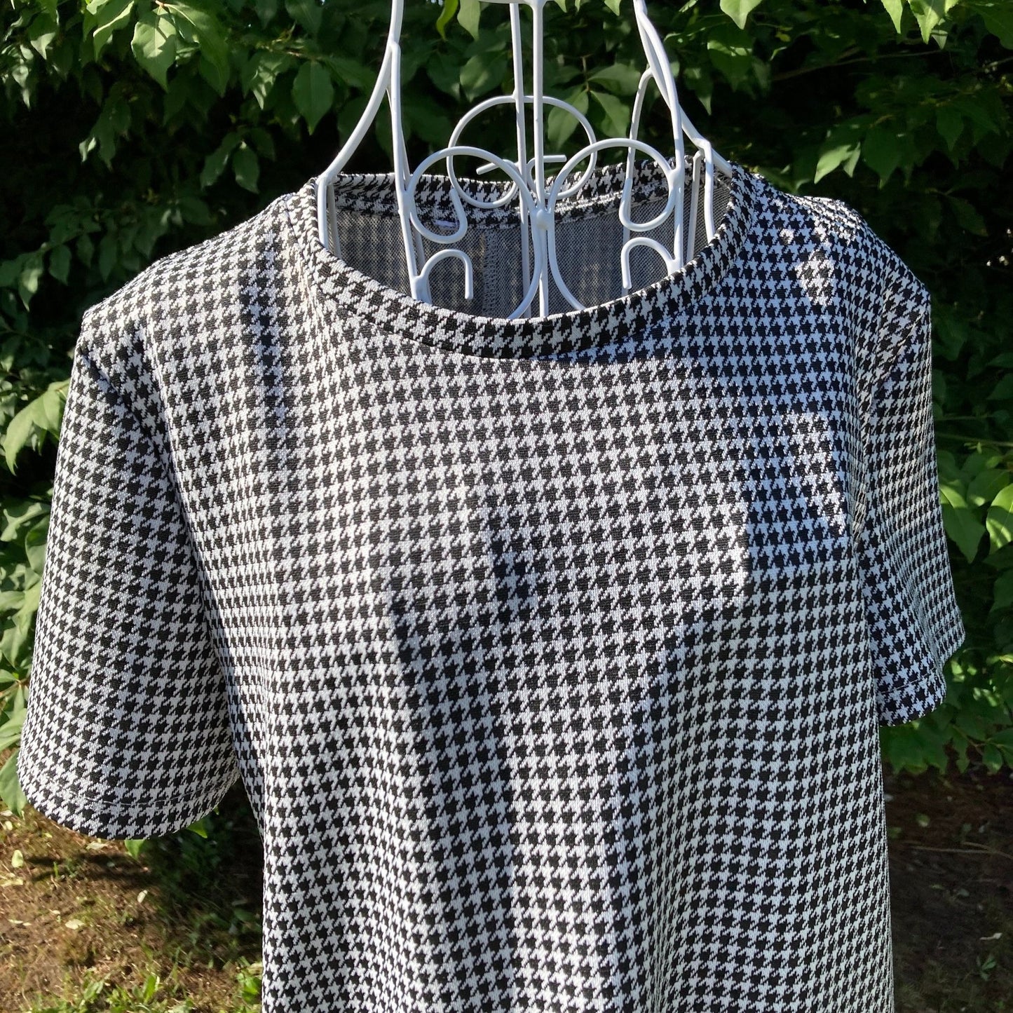 Vintage 70s dress 1970s  houndstooth |S-M| black white shift