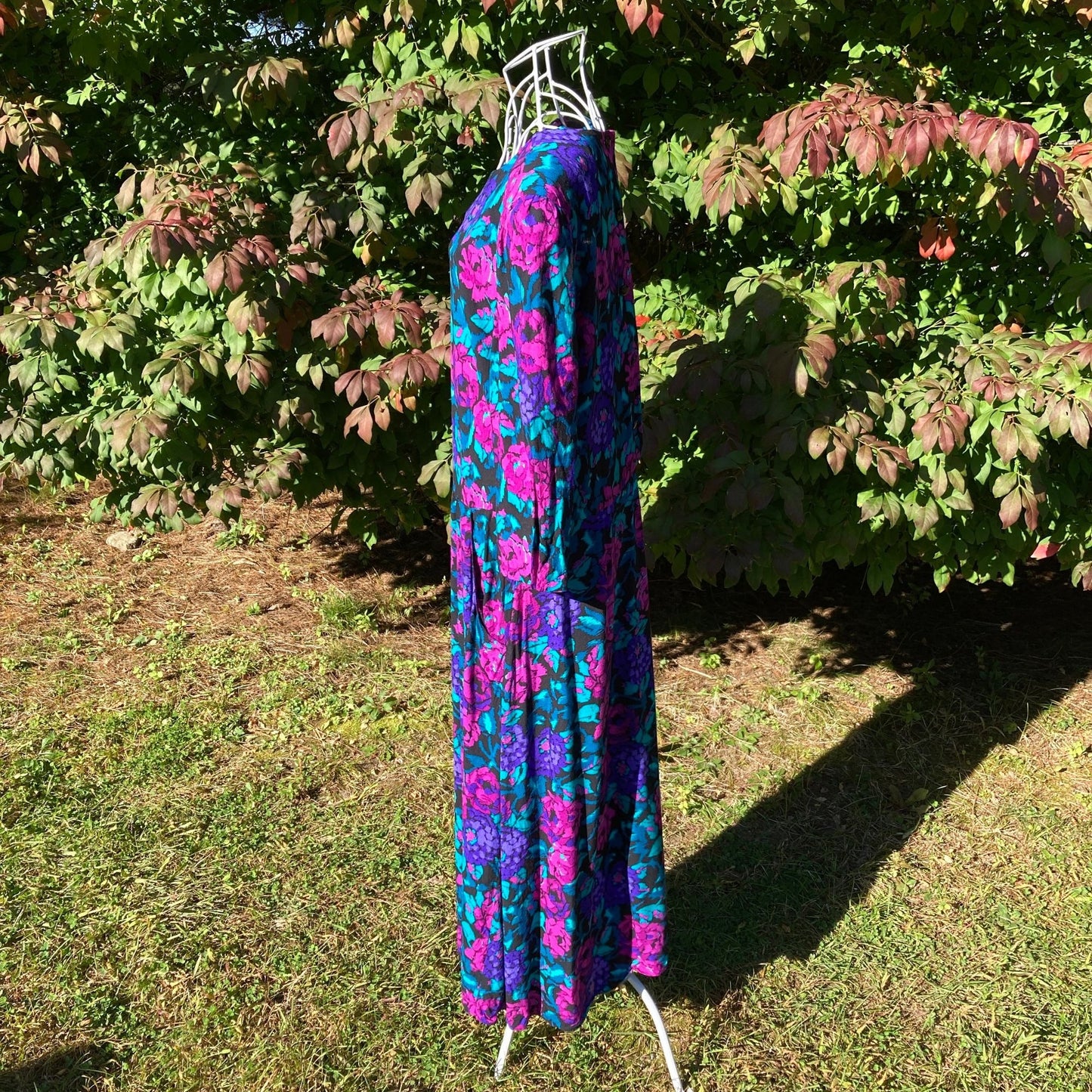 Vintage 80s dress midi |  M | 1980s cottage dark floral purple pink teal western rayon R.E.O. Originals ILGWU union made