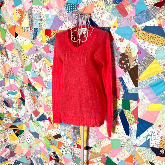 Vintage 90s y2k sweater | XS-S |  bright reddish pink mohair blend fuzzy  DKNY  deep v