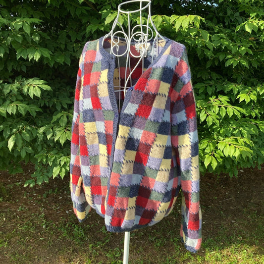 Vintage 90s sweater checkerboard check  1990s colorful red yellow blue purple Talbots wool