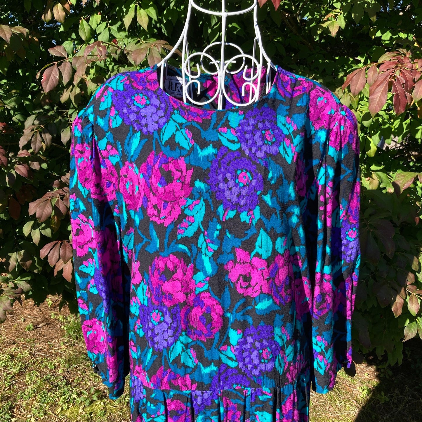 Vintage 80s dress midi |  M | 1980s cottage dark floral purple pink teal western rayon R.E.O. Originals ILGWU union made