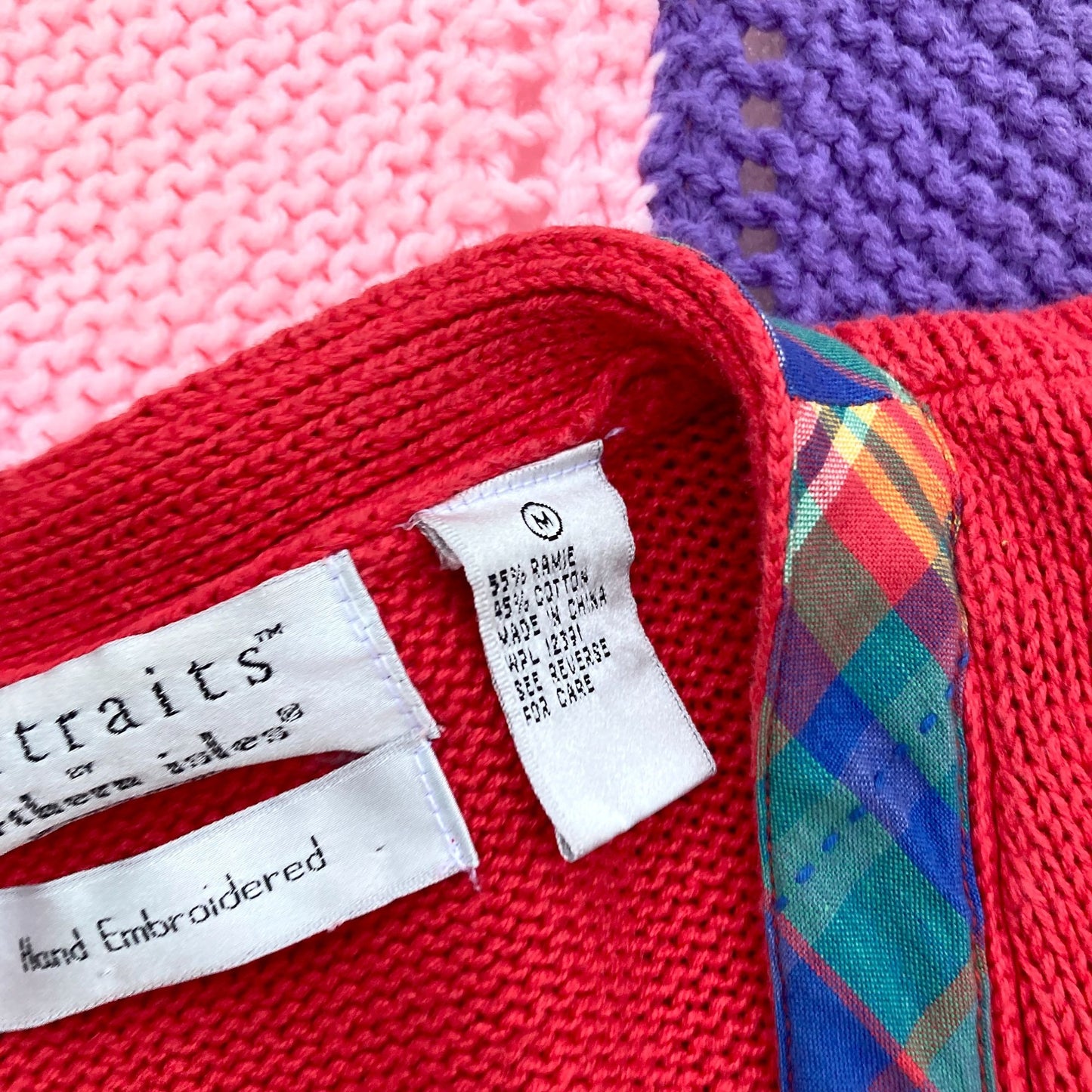 Vintage 80s grandma cardigan embroidered floral sweater | M - L| flowers 90s red blue yellow green plaid cotton cottage Northern Isles