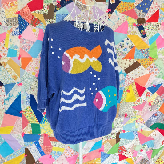 Vintage knit sweater 90s novelty fish print AS IS Country Suburbans blue white orange short sleeve