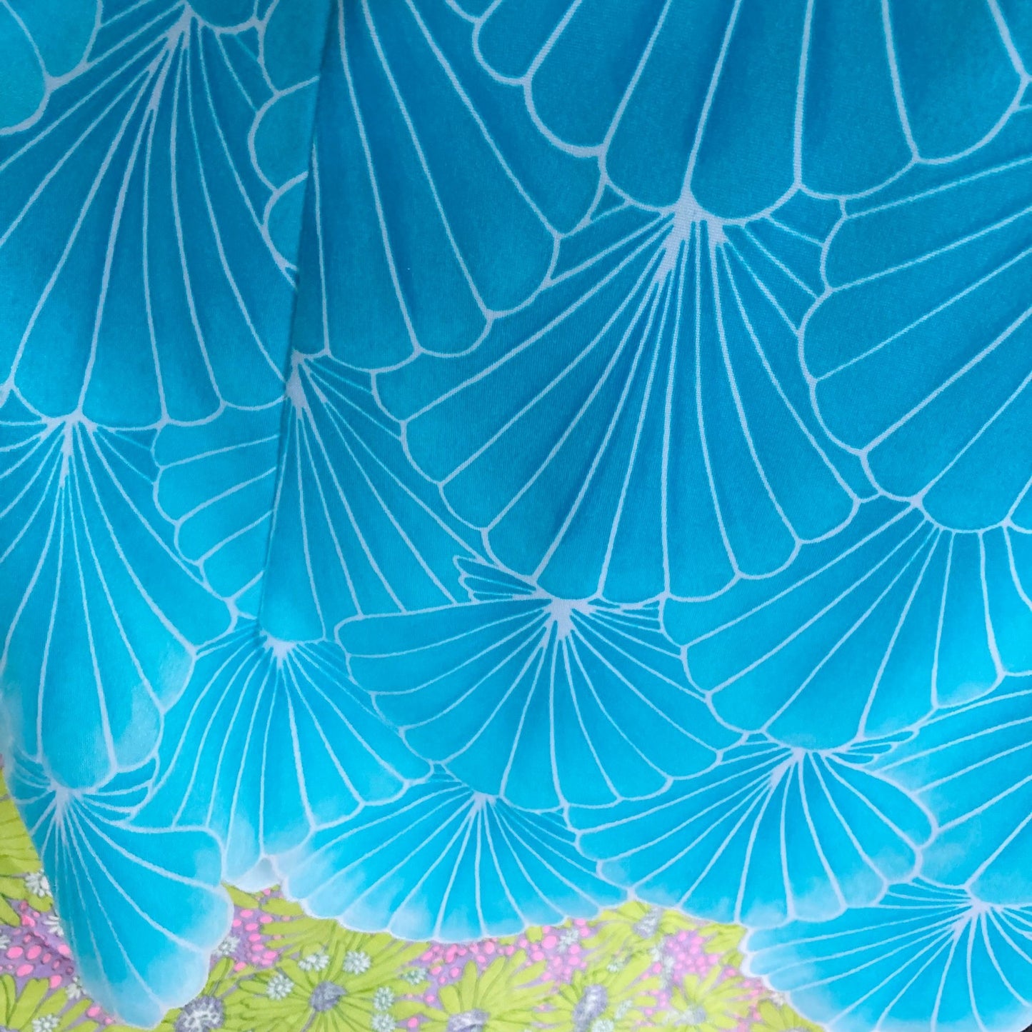 Vintage 70s skirt blue teal novelty shell print XS-M 1970s scallop swim beach DeWeese Design