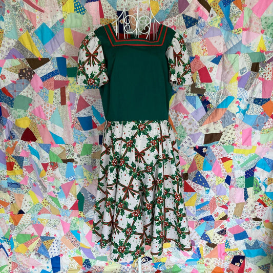 vintage 60s 70s dress red green | M-L | bow floral holly holiday christmas red green