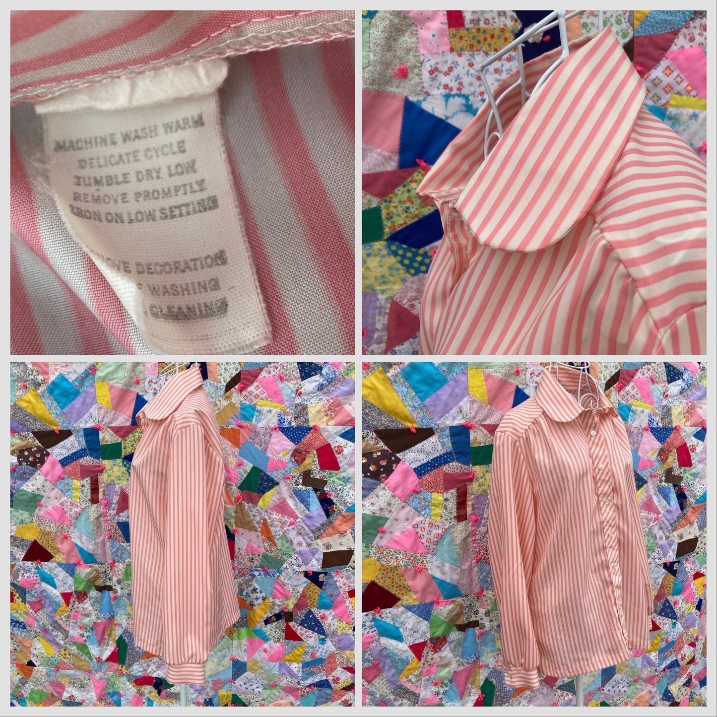 Vintage 70s top pink white |S - M| 1970s shirt blouse striped retro Peter Pan collar