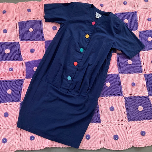 vintage 80s shirt dress navy blue colorful buttons cotton 1980s pastel pink | S-M |  career wear Newport