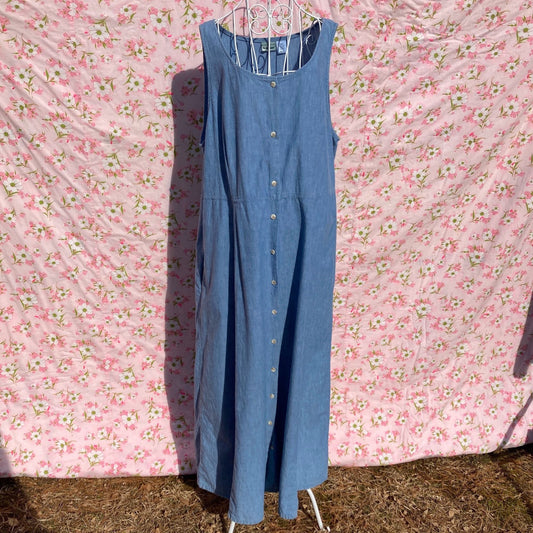vintage cottage core ll bean denim dress 1990s  homestead cotton western farmcore jean chambray |L-XL|  long jumper