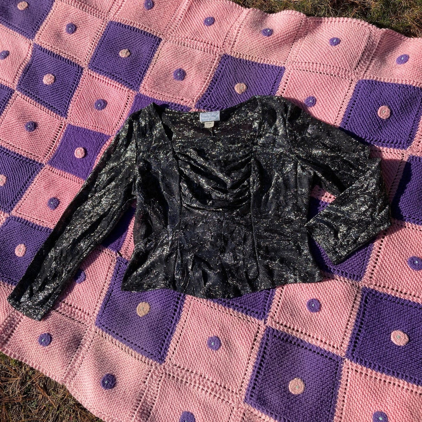 Vintage 90s top  sparkly silver black glitter metallic 1990s party festive sheer square neck ruched Hanky Panky