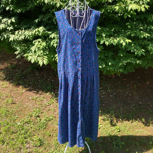 vintage floral corduroy jumper dress 90s |M-L|cottage prairie print calico microfloral western farmcore 1990s FADS blue purple green pink