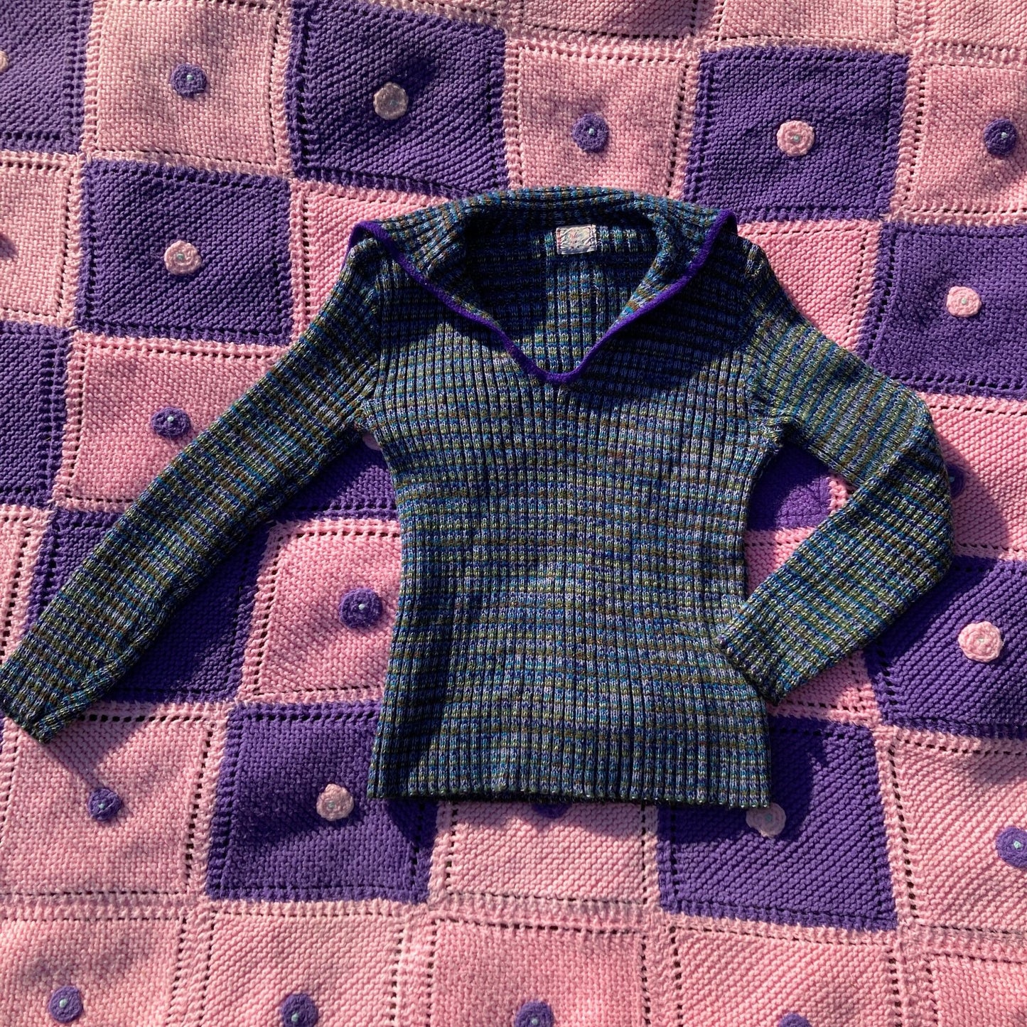 Vintage 60s sweater cardigan |XS-S| space dye soft purple green collared 1960s Orlon Acrylic