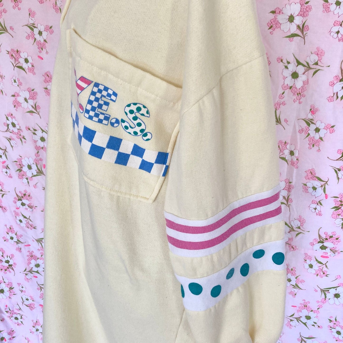 Vintage 80s 90s pastel yellow sweatshirt long | M - L | striped polka dogs Y.E.S. Jodie Arden