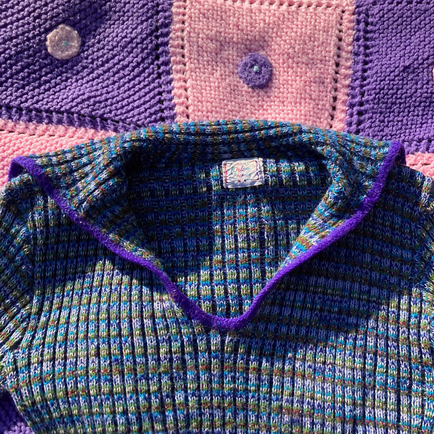 Vintage 60s sweater cardigan |XS-S| space dye soft purple green collared 1960s Orlon Acrylic