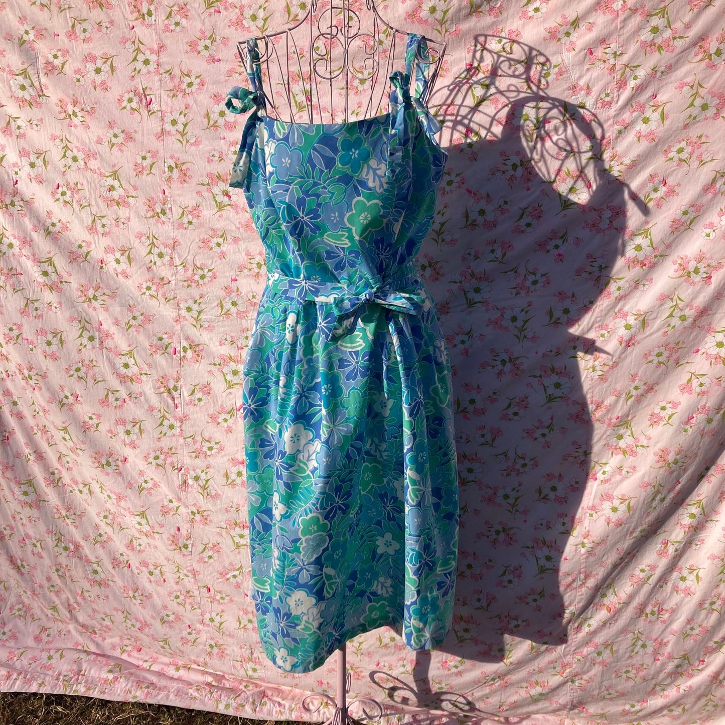 Vintage 70s dress blue teal floral print | M-L| 1970s floral swim beach Sea Waves