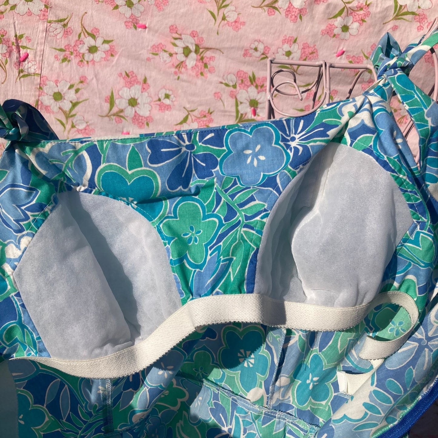 Vintage 70s dress blue teal floral print | M-L| 1970s floral swim beach Sea Waves