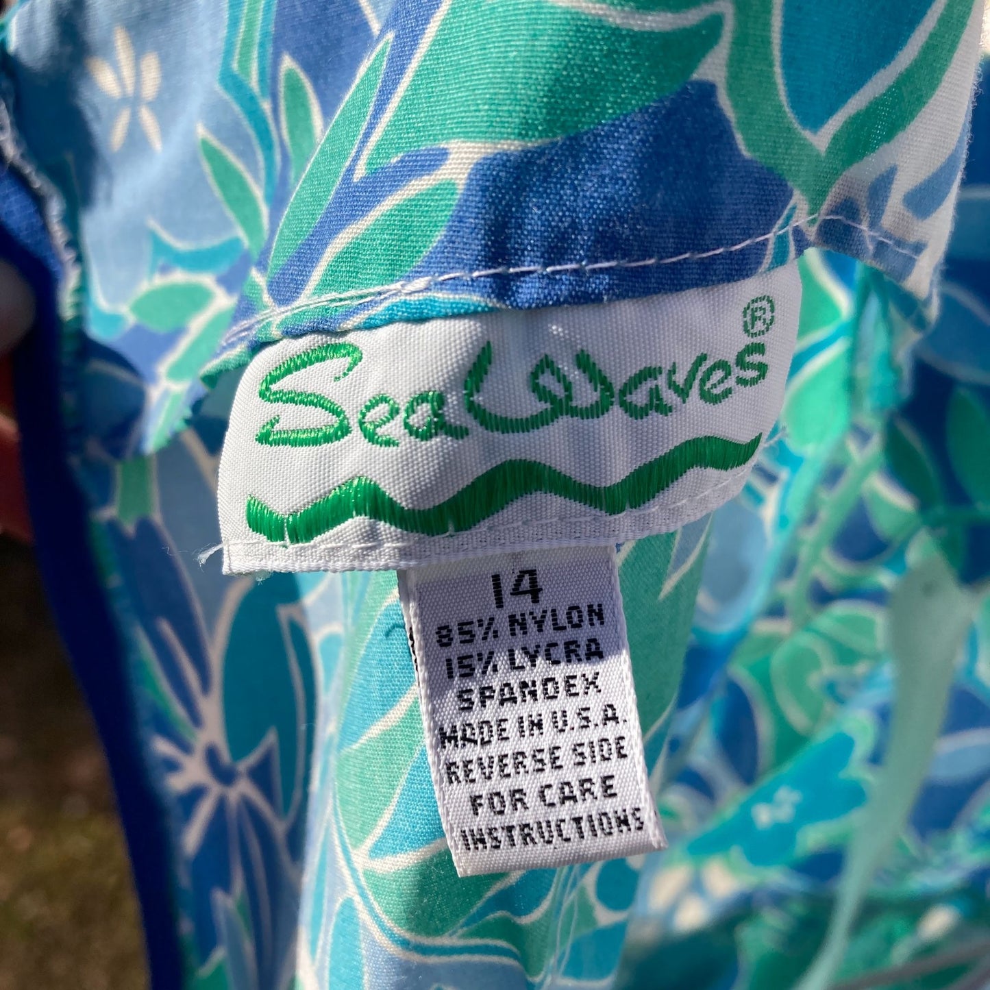 Vintage 70s dress blue teal floral print | M-L| 1970s floral swim beach Sea Waves