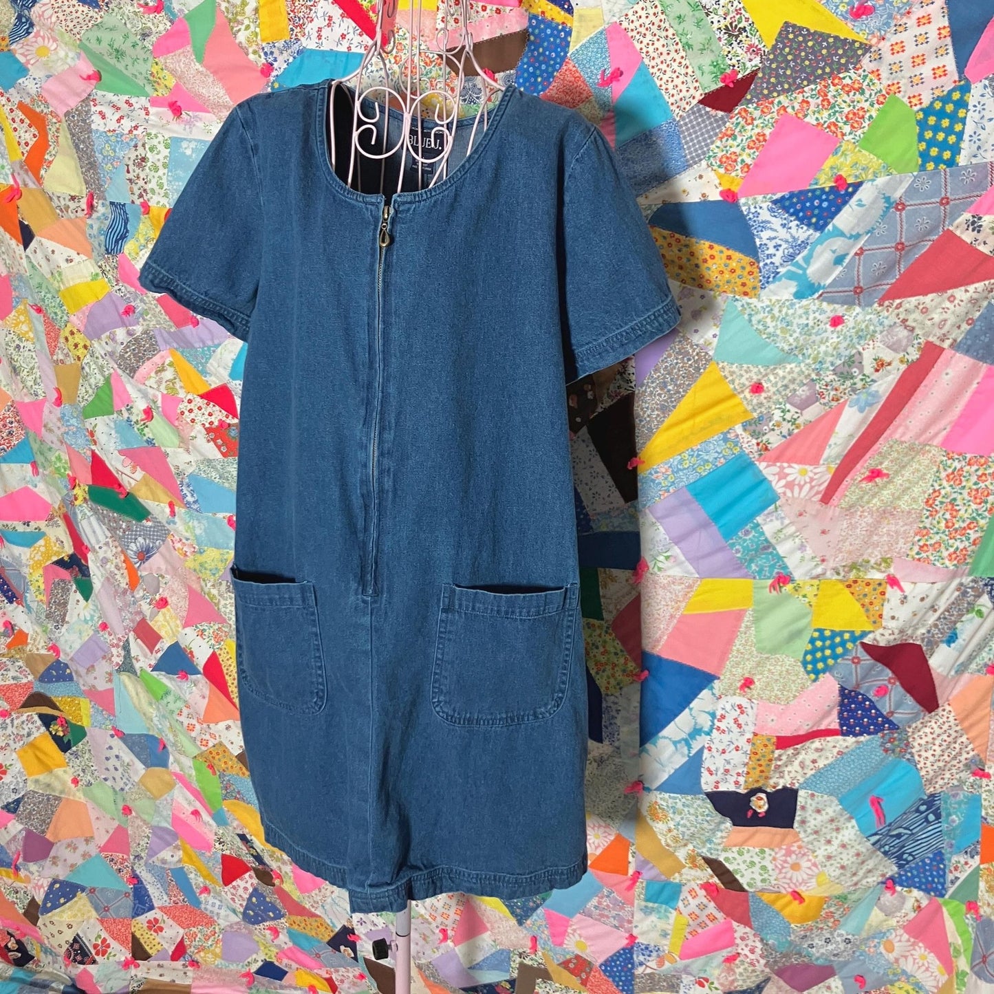 vintage 90s y2k dress  denim cotton zip front jean pockets |M-L| Wear medium - dark wash Blue J.