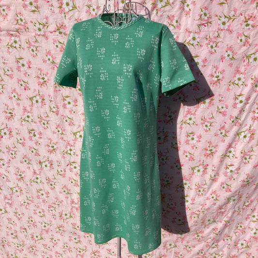 70s vintage dress mint pastel green white floral diamond | S - M | 1970s shift short sleeve  Sears