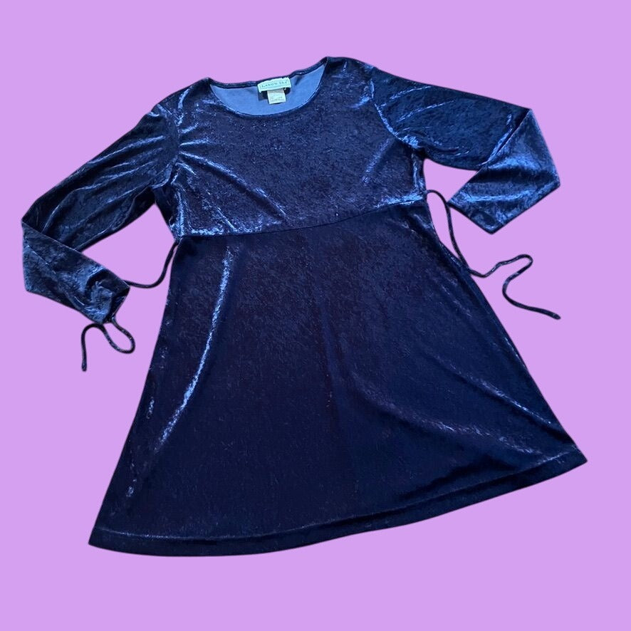 vintage dress  90s y2k crushed velvet| M-L | minimal  midnight blue long sleeve whimsigoth Land 'N Sea