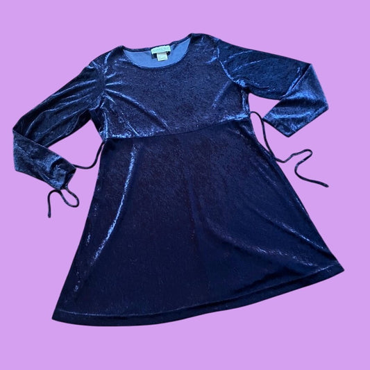 vintage dress  90s y2k crushed velvet| M-L | minimal  midnight blue long sleeve whimsigoth Land 'N Sea