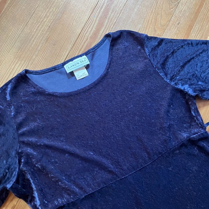 vintage dress  90s y2k crushed velvet| M-L | minimal  midnight blue long sleeve whimsigoth Land 'N Sea