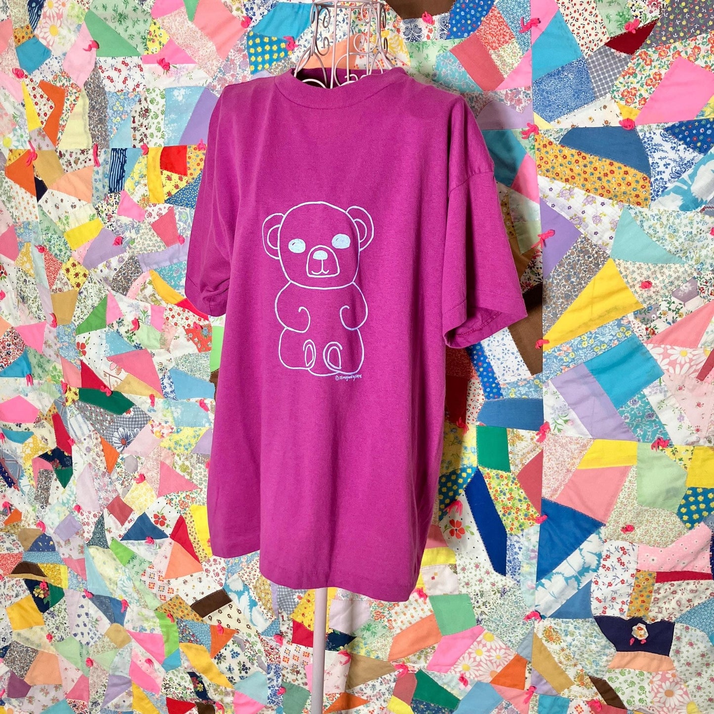 Vintage graphic teddy bear t shirt upcycled reworked  | S - M | 90s raspberry purple periwinkle blue single stitch reimagined by Katie