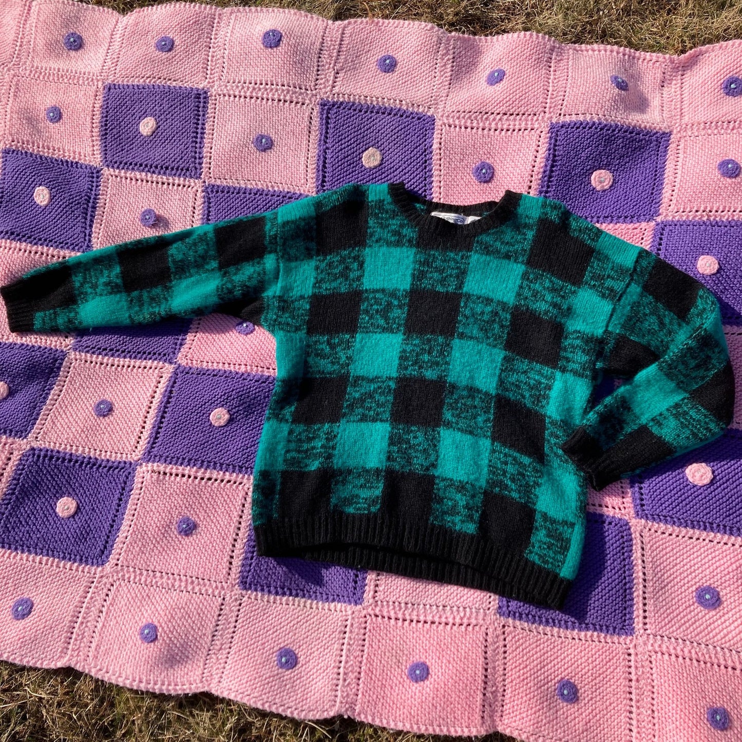 Vintage 90s sweater checkerboard check  1990s teal black buffalo plaid  wool gap