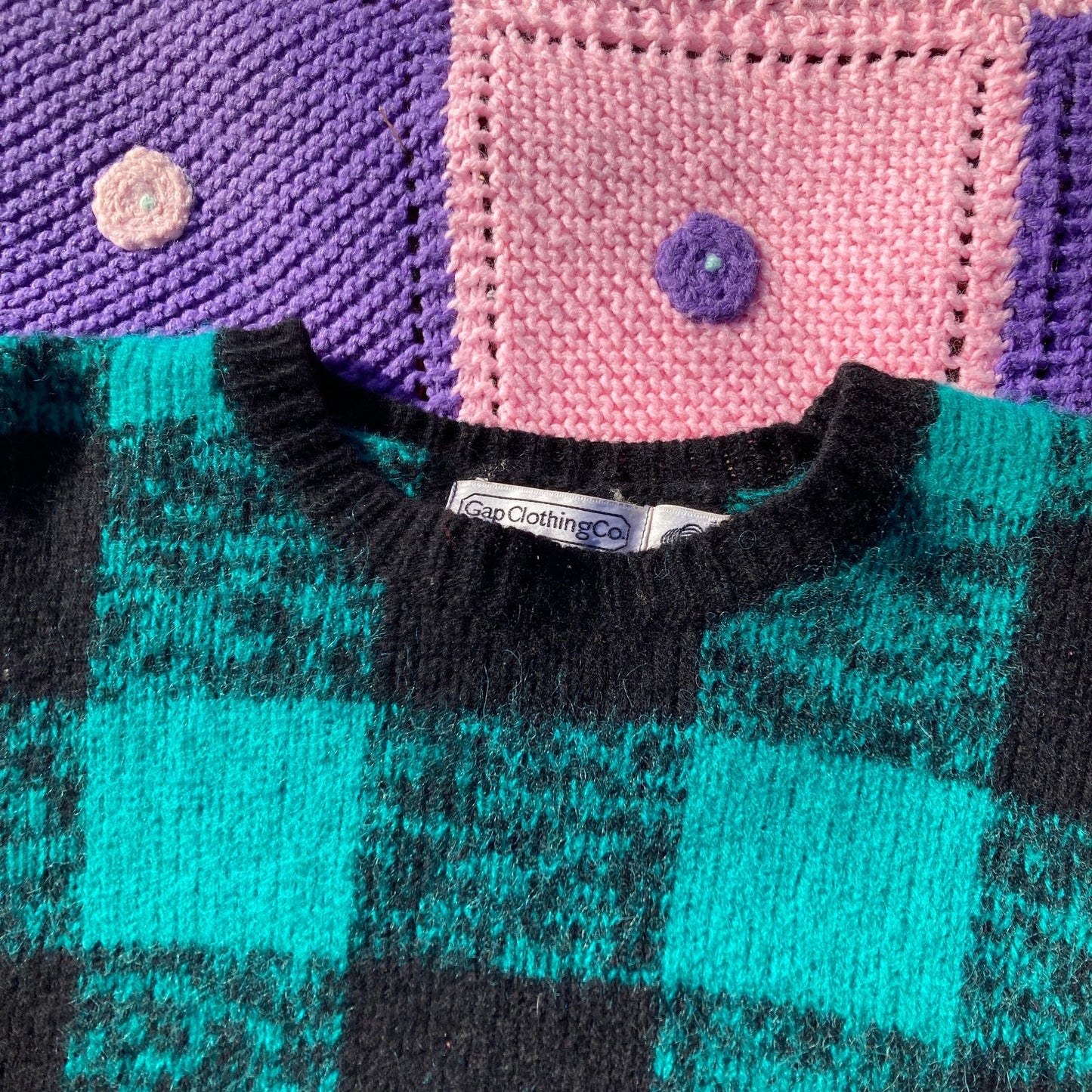 Vintage 90s sweater checkerboard check  1990s teal black buffalo plaid  wool gap