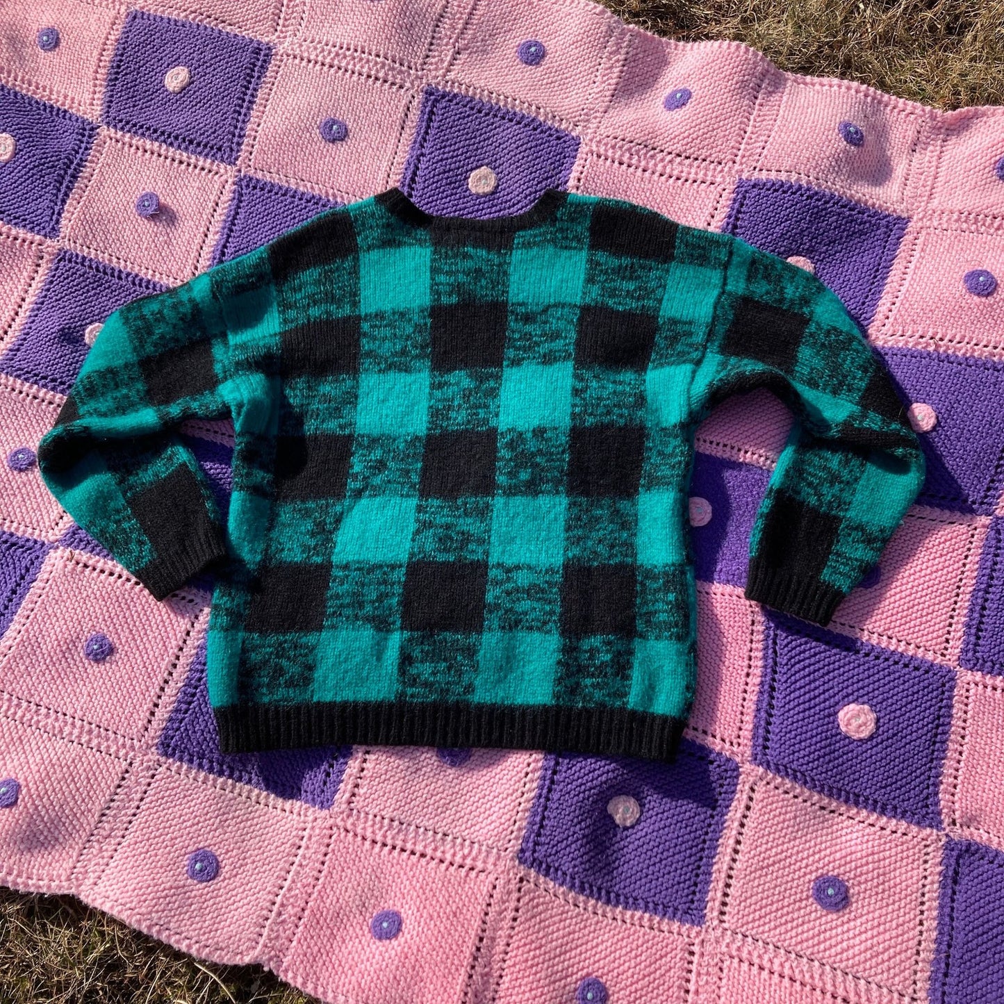 Vintage 90s sweater checkerboard check  1990s teal black buffalo plaid  wool gap