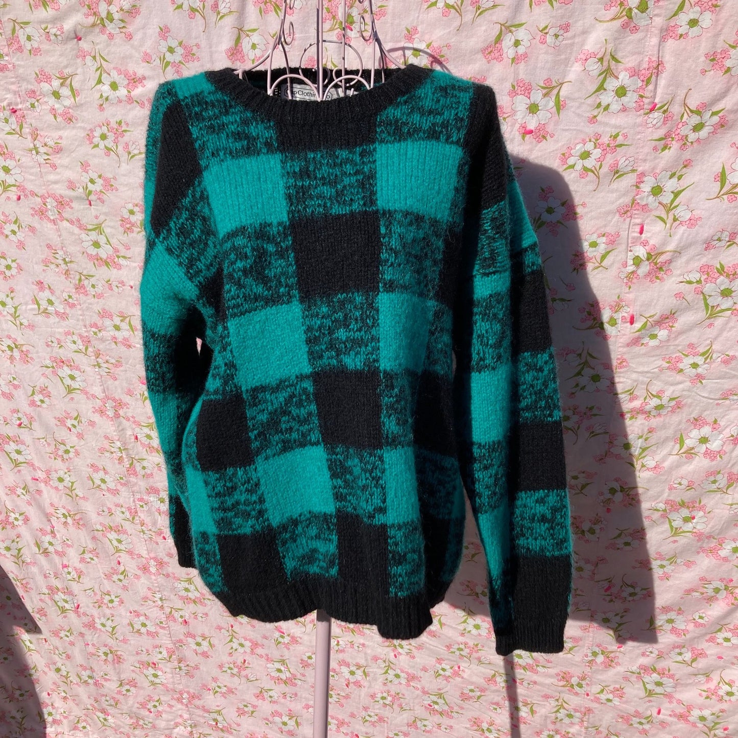 Vintage 90s sweater checkerboard check  1990s teal black buffalo plaid  wool gap