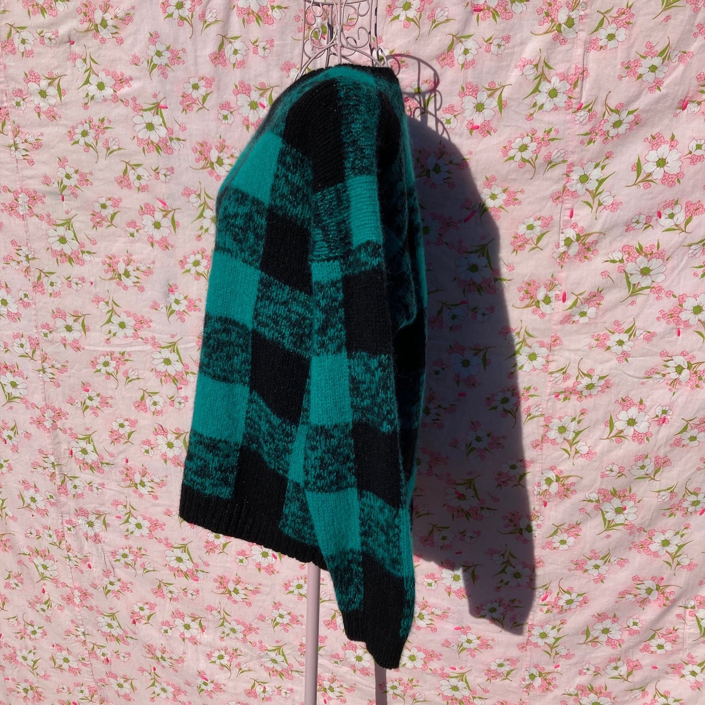 Vintage 90s sweater checkerboard check  1990s teal black buffalo plaid  wool gap