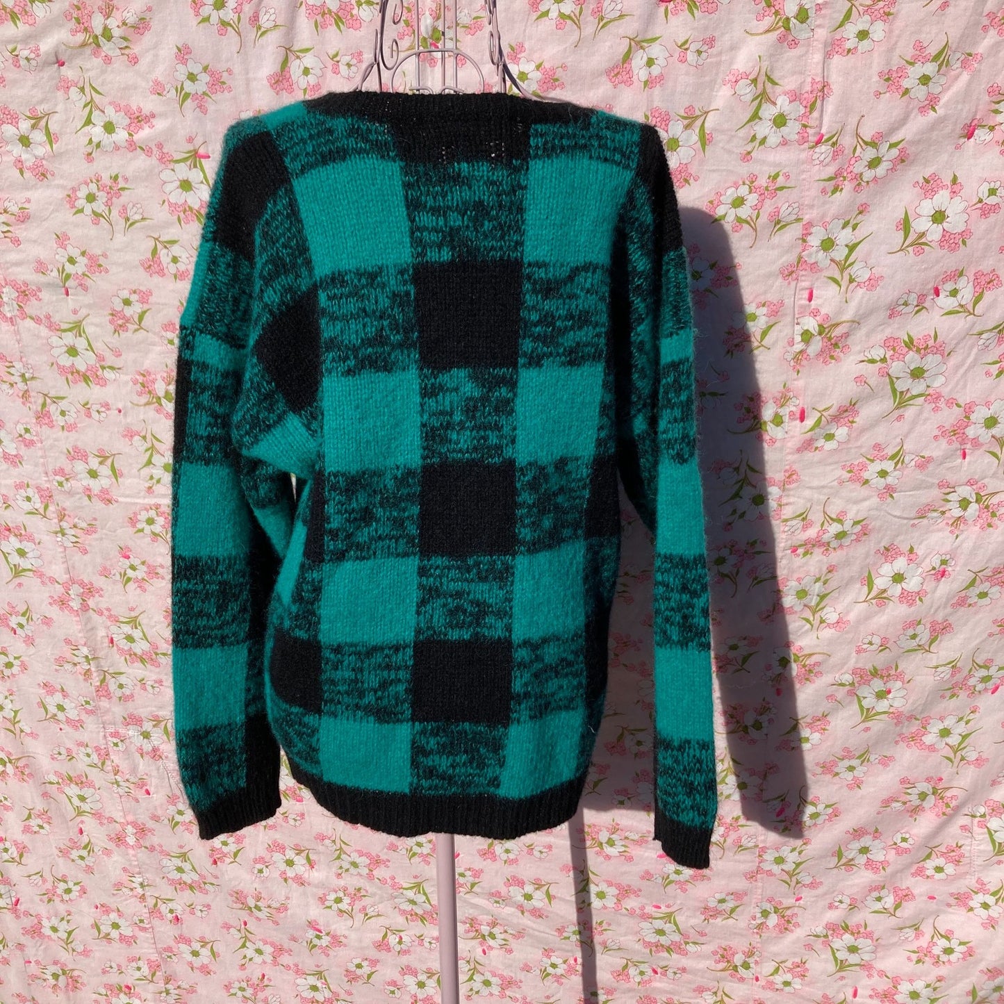 Vintage 90s sweater checkerboard check  1990s teal black buffalo plaid  wool gap