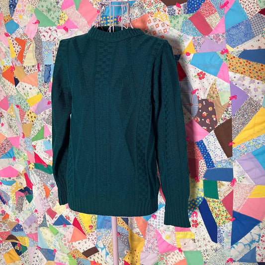 Vintage 60s 70s sweater long sleeve cable knit Robert Mackie Scotland emerald green jewel tone fisherman