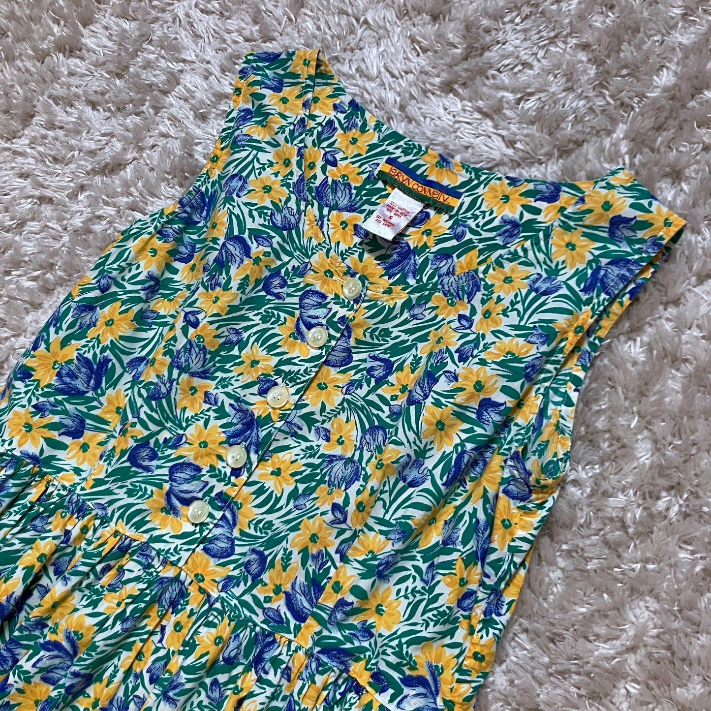 vintage 90s dress floral | S - M | Bryn Connelly blue green white floral french country