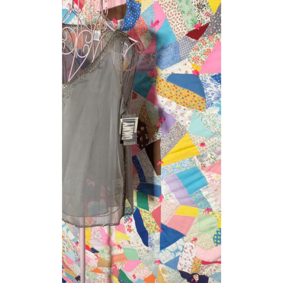 vintage deadstock y2k top silver grey beaded periwinkle sheer cami set DKNY