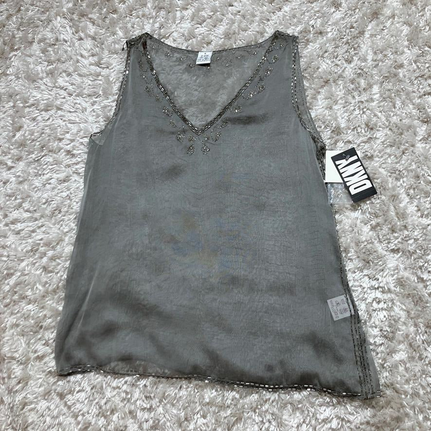 vintage deadstock y2k top silver grey beaded periwinkle sheer cami set DKNY