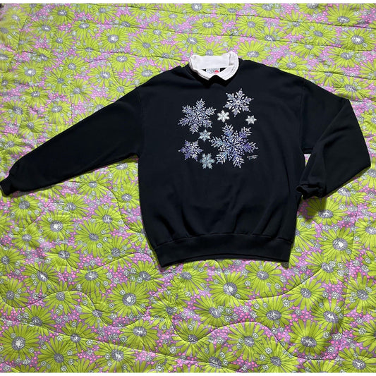 Vintage grandma  sweatshirt Morning Sun double collar black purple blue silver snowflake winter snow Whitton