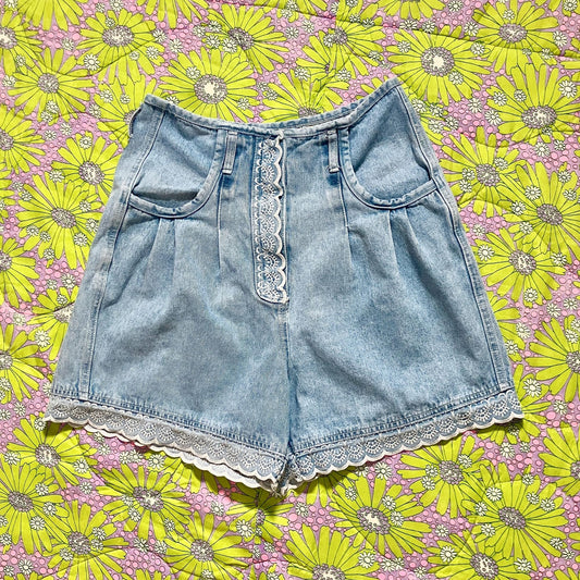 Vintage 90s 28 " - 29 " denim jean shorts high waist waisted 90s 1990s light wash embroidered trim Stefano pleated