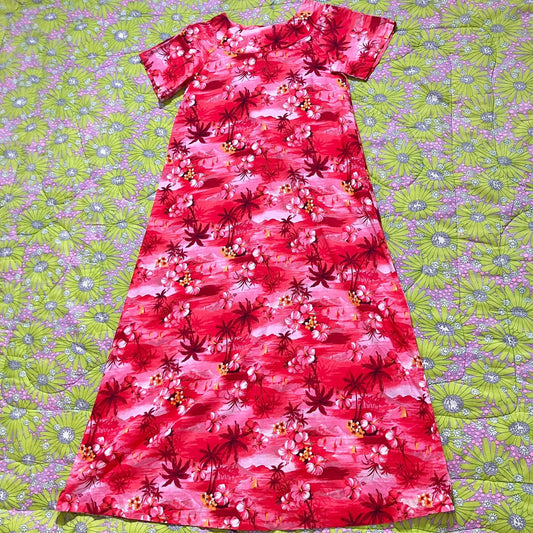 70s vintage dress | S-M | Hawaiian floral red white orange hibiscus plumeria palm made in  Hawaii cotton Pacific Island Creations