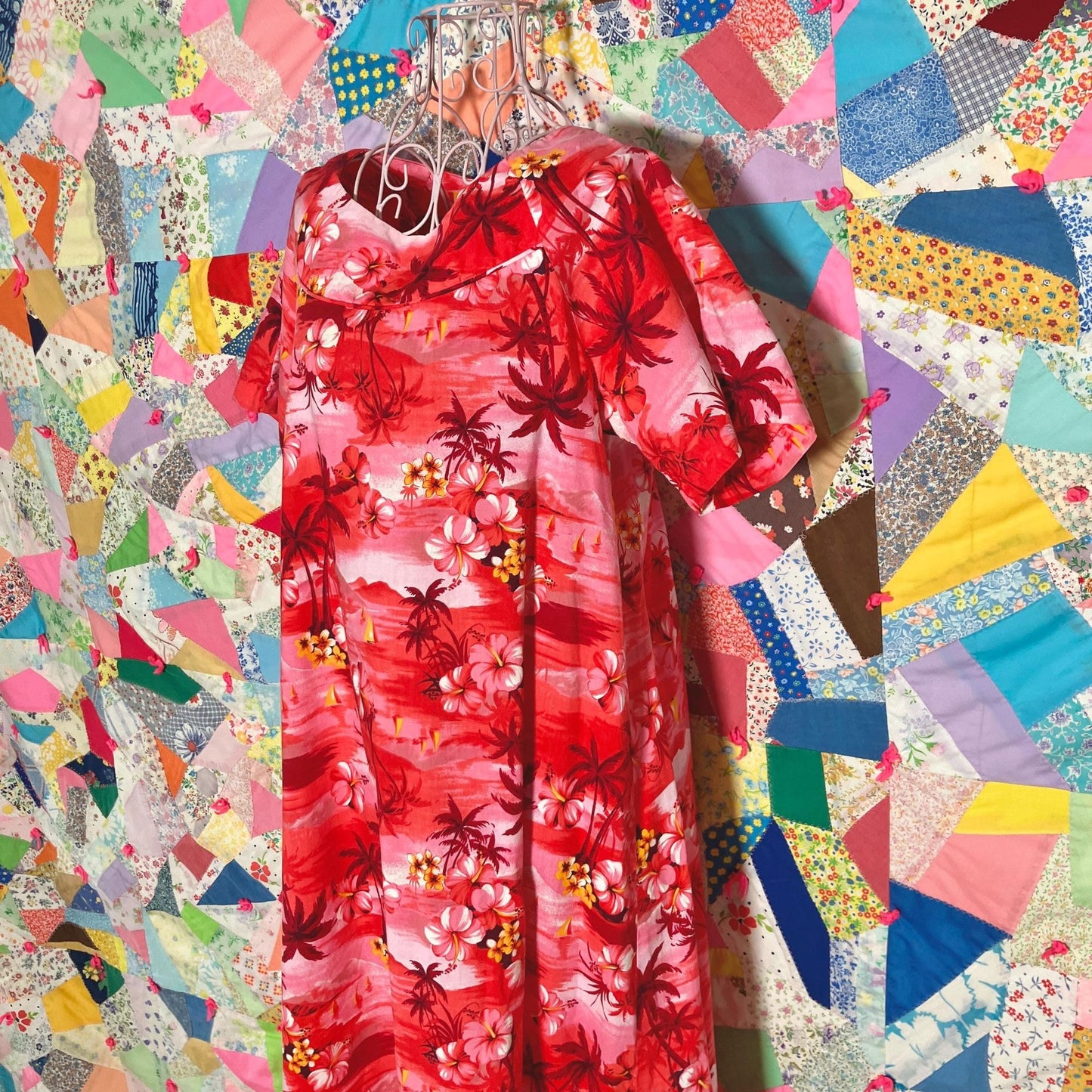 70s vintage dress | S-M | Hawaiian floral red white orange hibiscus plumeria palm made in  Hawaii cotton Pacific Island Creations