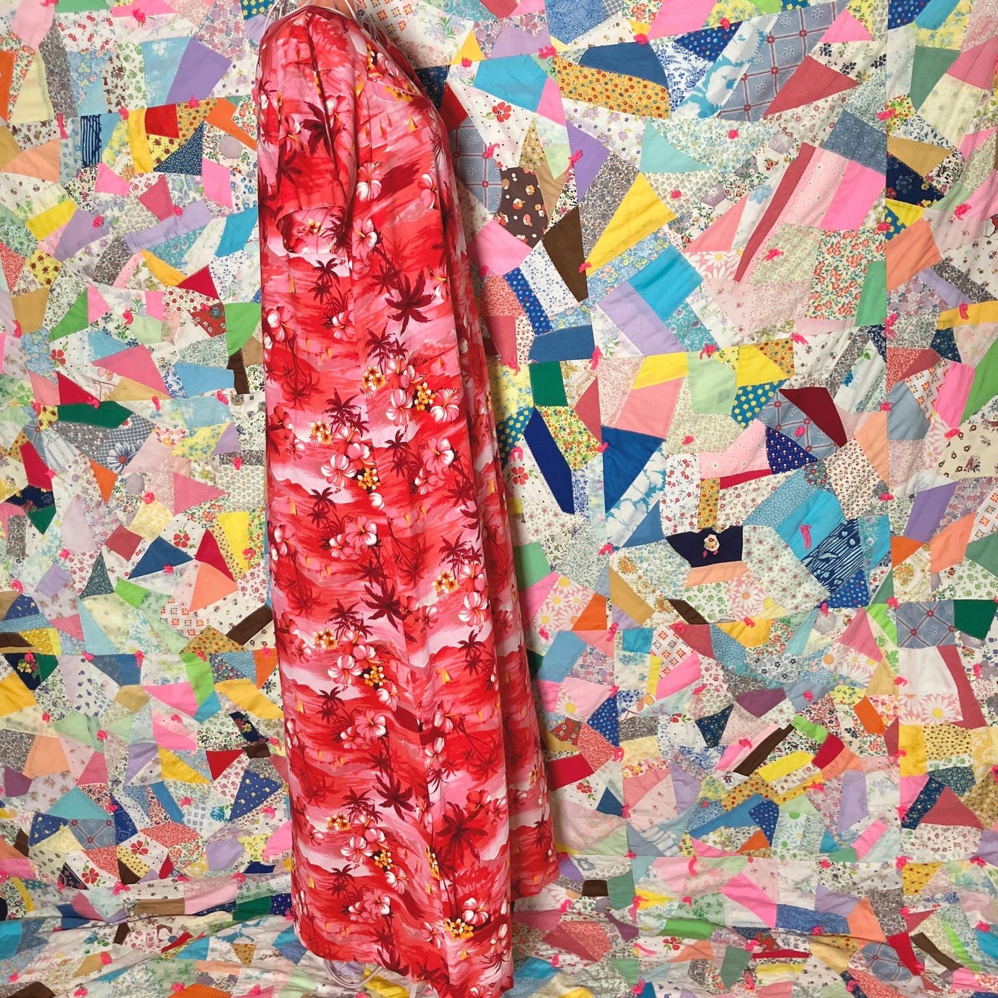 70s vintage dress | S-M | Hawaiian floral red white orange hibiscus plumeria palm made in  Hawaii cotton Pacific Island Creations