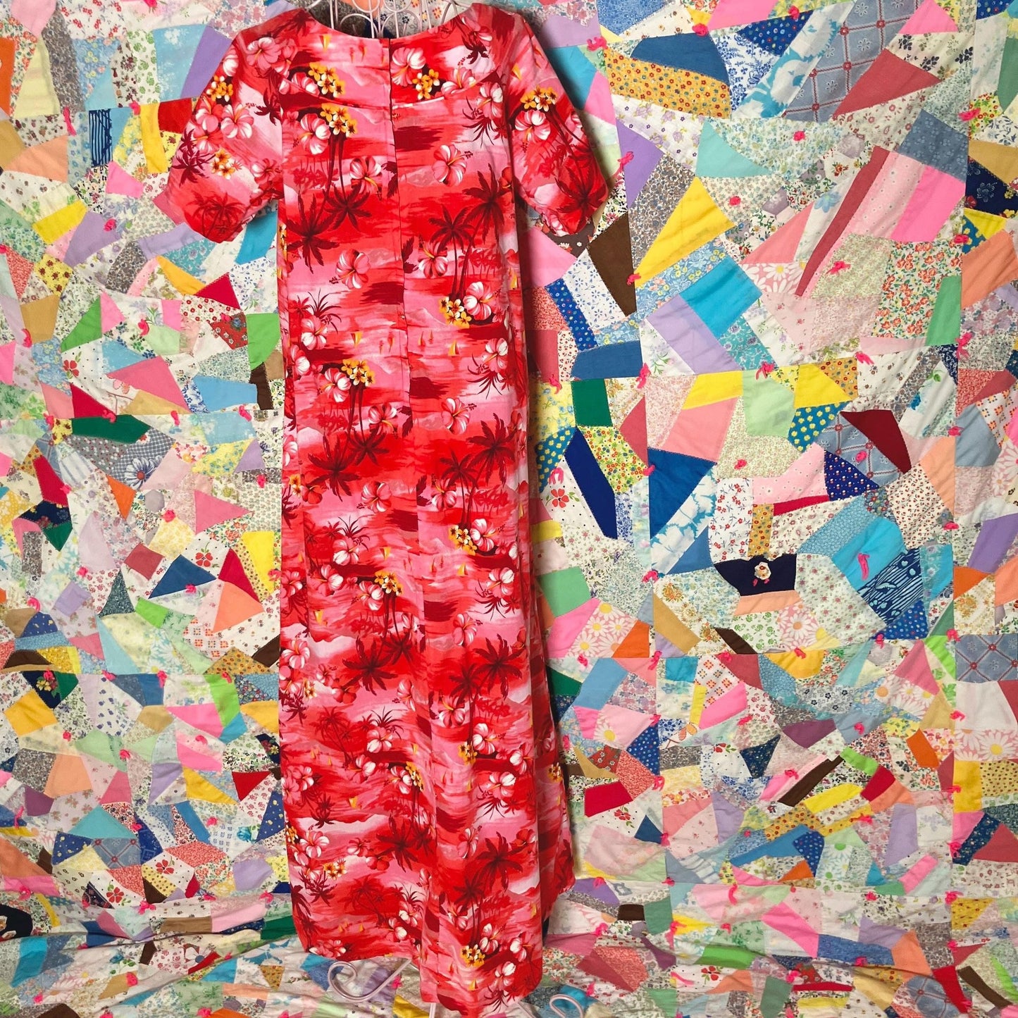 70s vintage dress | S-M | Hawaiian floral red white orange hibiscus plumeria palm made in  Hawaii cotton Pacific Island Creations