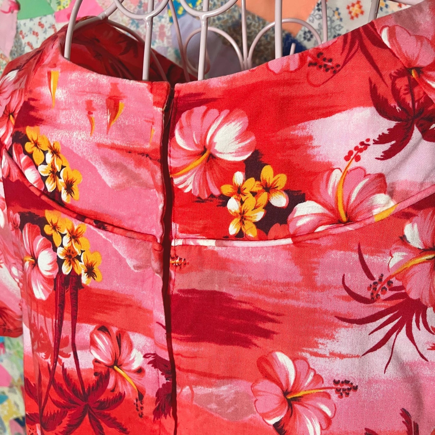 70s vintage dress | S-M | Hawaiian floral red white orange hibiscus plumeria palm made in  Hawaii cotton Pacific Island Creations