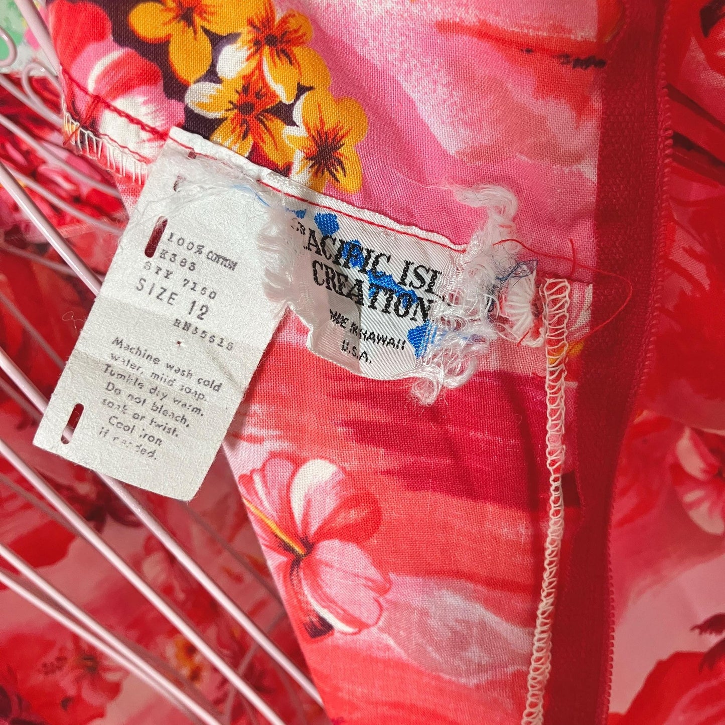 70s vintage dress | S-M | Hawaiian floral red white orange hibiscus plumeria palm made in  Hawaii cotton Pacific Island Creations