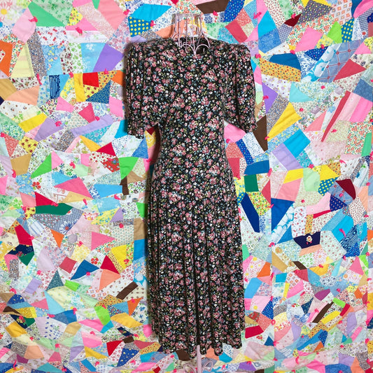 vintage 80s dress dark floral rose 1980s | cottage core | black pink white green | S-M | garden party  fit and flare Paquette Too! usa made