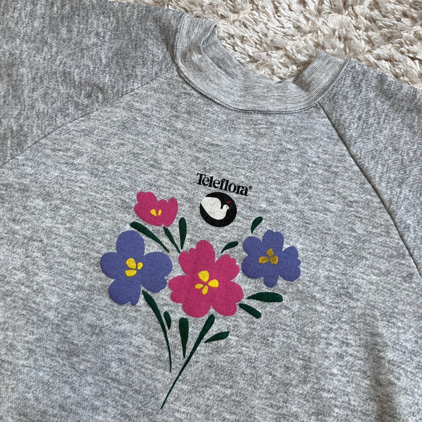Vintage 80s sweatshirt heather grey Teleflora promotional  | M | purple pink flowers raglan